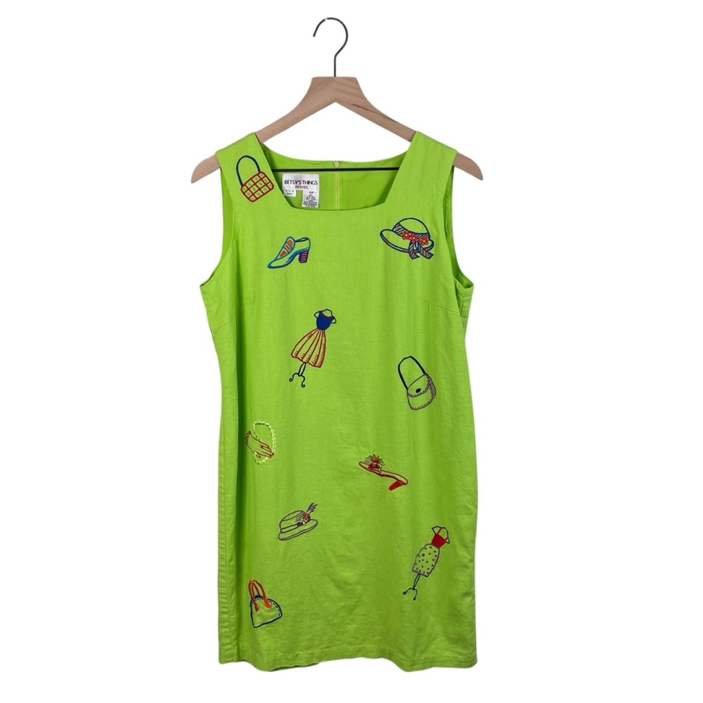 Vintage Betsy's Things Linen Rayon Dress Women's Size 10 Petite Lime Green Artsy